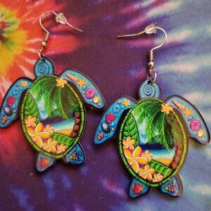 Boho Beach Tropical Plant Print Sea Turtle Earrings